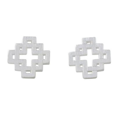 Sterling silver stud earrings, 'Connected Cross' - Overlapping Cross and Square Sterling Silver Stud Earrings