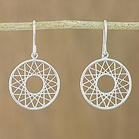 Sterling silver dangle earrings, 'Geometry Play' - Line Filled Circle Sterling Silver Dangle Earrings