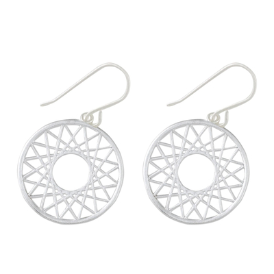 Sterling silver dangle earrings, 'Geometry Play' - Line Filled Circle Sterling Silver Dangle Earrings