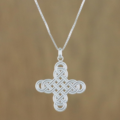 Sterling silver pendant necklace, 'Twining Cross' - Interconnected Loop Cross Sterling Silver Pendant Necklace