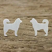 Sterling silver stud earrings, 'Siberian Husky' - Siberian Husky Sterling Silver Stud Earrings from Thailand