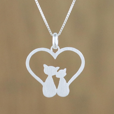 Sterling silver pendant necklace, 'Cats in Love' - Loving Sterling Silver Cat Pendant Necklace from Thailand
