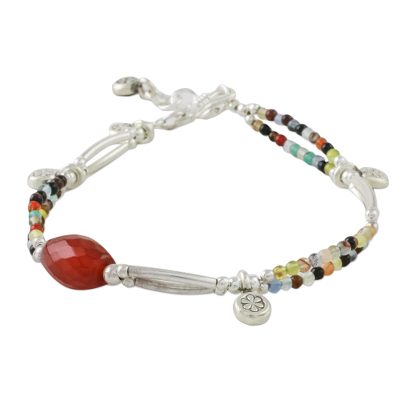 Chalcedony and agate beaded charm bracelet, 'Karen Colors' - Chalcedony and Agate Beaded Charm Bracelet from Thailand