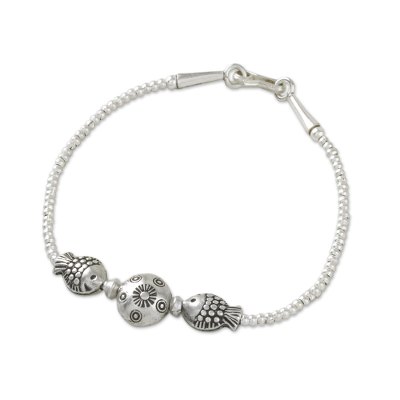 Silver beaded pendant bracelet, 'Moon Fish' - Karen Silver Beaded Pendant Bracelet from Thailand