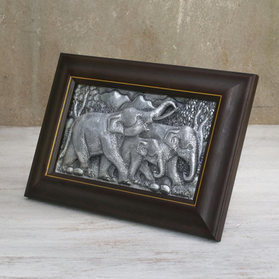 Aluminum relief panel, 'Walking Elephant Family I' - Aluminum Relief Panel of an Elephant Family from Thailand