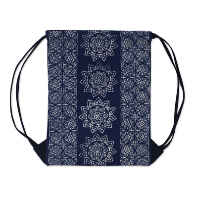Batik cotton drawstring backpack, 'Swirling Suns' - Indigo Blue Batik Cotton Drawstring Backpack from Thailand