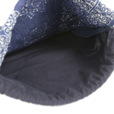 Batik cotton drawstring backpack, 'Swirling Suns' - Indigo Blue Batik Cotton Drawstring Backpack from Thailand