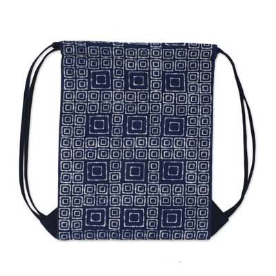 Rucksack aus Baumwolle mit Kordelzug - Rucksack mit Kordelzug aus indigoblauer Batik-Baumwolle mit quadratischem Motiv