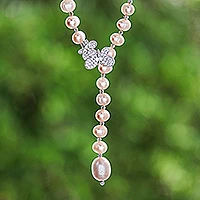 Cultured pearl Y-necklace, 'Beautiful Butterfly'