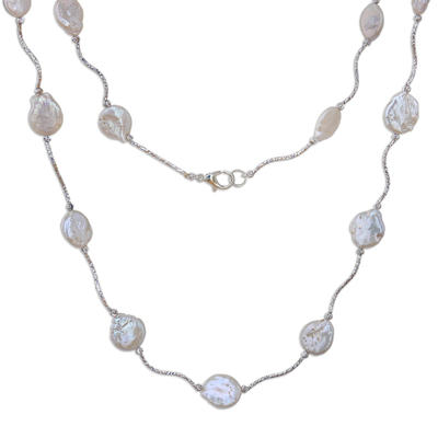 Rhodium plated cultured pearl link necklace, 'Shining World' - Rhodium Plated Cultured Pearl Link Necklace from Thailand