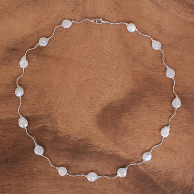 Rhodium plated cultured pearl link necklace, 'Shining World' - Rhodium Plated Cultured Pearl Link Necklace from Thailand