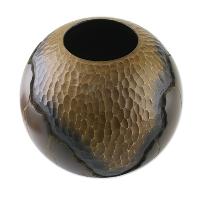 Wood decorative vase, 'Geotic Beginnings' - Hand Carved and Etched Mango Wood Decorative Spherical Vase