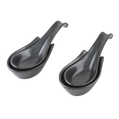 Ceramic spoons with rests, 'Subtle Flavor' (pair) - Handcrafted Black Ceramic Spoons with Rests (Pair)