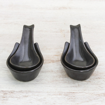 Ceramic spoons with rests, 'Subtle Flavor' (pair) - Handcrafted Black Ceramic Spoons with Rests (Pair)