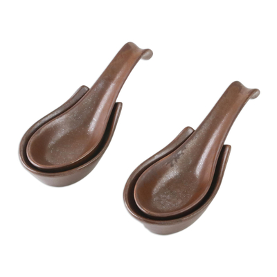 Ceramic spoons with rests, 'Earthen Style' (pair) - Rustic Chestnut Brown Ceramic Spoons with Rests (Pair)
