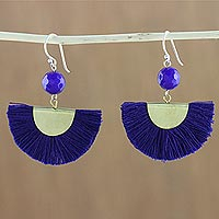 Quartz dangle earrings, 'Festival in Ultramarine' - Quartz and Brass Bead Dangle Earrings with Cotton Fringe
