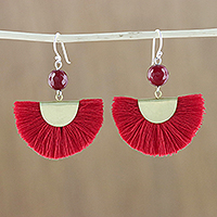 Quartz dangle earrings, 'Festival in Red' - Quartz and Brass Bead Dangle Earrings with Cotton Fringe