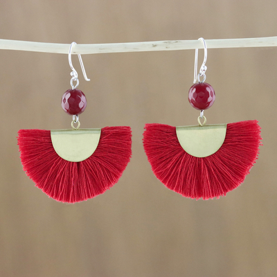 Quartz dangle earrings, 'Festival in Red' - Quartz and Brass Bead Dangle Earrings with Cotton Fringe