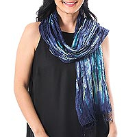 Tie-dyed silk scarf, 'Impressionist Sea'