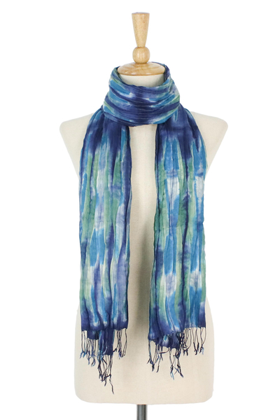 Tie-dyed silk scarf, 'Impressionist Sea' - Blue and Green Tie-Dyed Silk Fringed Scarf from Thailand