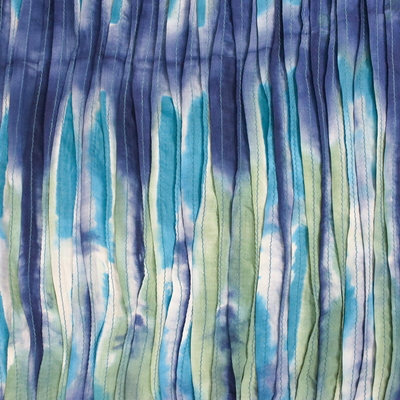 Tie-dyed silk scarf, 'Impressionist Sea' - Blue and Green Tie-Dyed Silk Fringed Scarf from Thailand