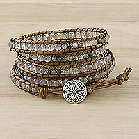 Agate and chalcedony beaded wrap bracelet, 'Mist in the Fields' - Agate Chalcedony Bead and Karen Silver Button Wrap Bracelet