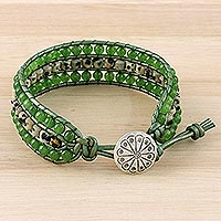 Onyx and jasper beaded wristband bracelet, 'Meadow Path' - Jasper Quartz Bead and Karen Silver Wristband Bracelet