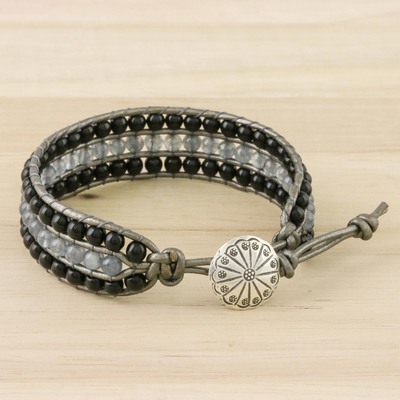Onyx and quartz beaded wristband bracelet, 'Midnight Clouds' - Onyx Quartz Bead and Karen Silver Button Wristband Bracelet
