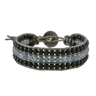 Onyx and quartz beaded wristband bracelet, 'Midnight Clouds' - Onyx Quartz Bead and Karen Silver Button Wristband Bracelet