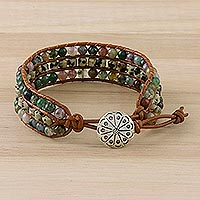 Agate and jasper beaded wristband bracelet, 'Riverbed' - Agate Jasper and Karen Silver Button Wristband Bracelet