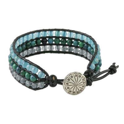 Serpentine and quartz beaded wristband bracelet, 'Horizon at Sea' - Quartz Serpentine and Karen Silver Button Wristband Bracelet