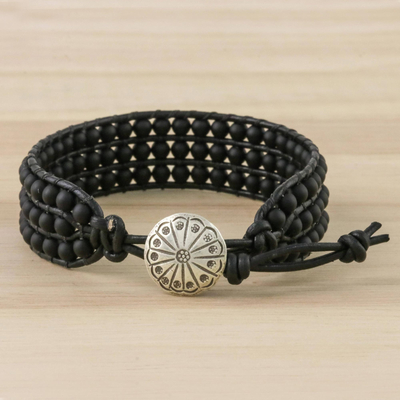 Glass bead wristband bracelet, 'In The Shadows' - Matte Black Bead and Karen Silver Button Wristband Bracelet