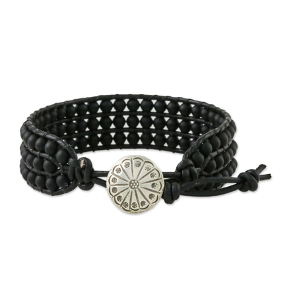 Glass bead wristband bracelet, 'In The Shadows' - Matte Black Bead and Karen Silver Button Wristband Bracelet