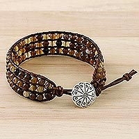 Agate beaded wristband bracelet, 'Toffee' - Agate Bead and Karen Silver Button Wristband Bracelet
