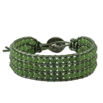 Quartz beaded wristband bracelet, 'Verdant Field' - Green Quartz and Karen Silver Button Wristband Bracelet