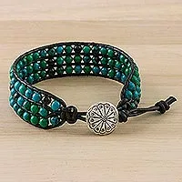 Serpentine beaded wristband bracelet, 'Lagoon Depths' - Serpentine Bead and Karen Silver Button Wristband Bracelet