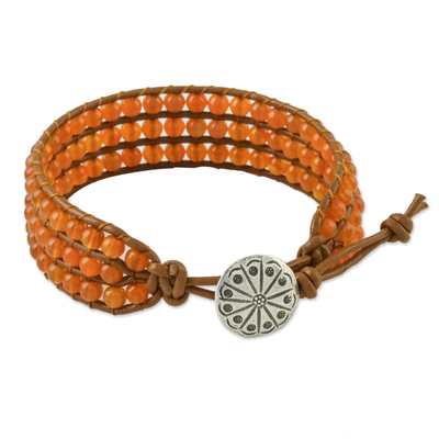 Carnelian beaded wristband bracelet, 'Sunlit Dawn' - Carnelian Bead and Karen Silver Button Wristband Bracelet