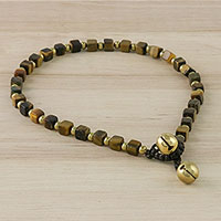 Tiger's eye beaded anklet, 'Forest Dreams' - Handmade Tiger's Eye and Brass Beaded Anklet from Thailand