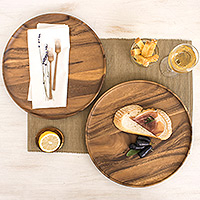 Wood dinner plates, 'Planetary Meal' (pair) - Handmade Raintree Wood Plates from Thailand (Pair)