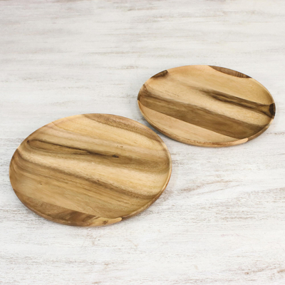 Wood dinner plates, 'Planetary Meal' (pair) - Handmade Raintree Wood Plates from Thailand (Pair)
