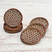 Bamboo and rattan coaster set, 'Pikul Hospitality' (set of 6) - Handcrafted Woven Flower Motif Bamboo Coasters (Set of 6)