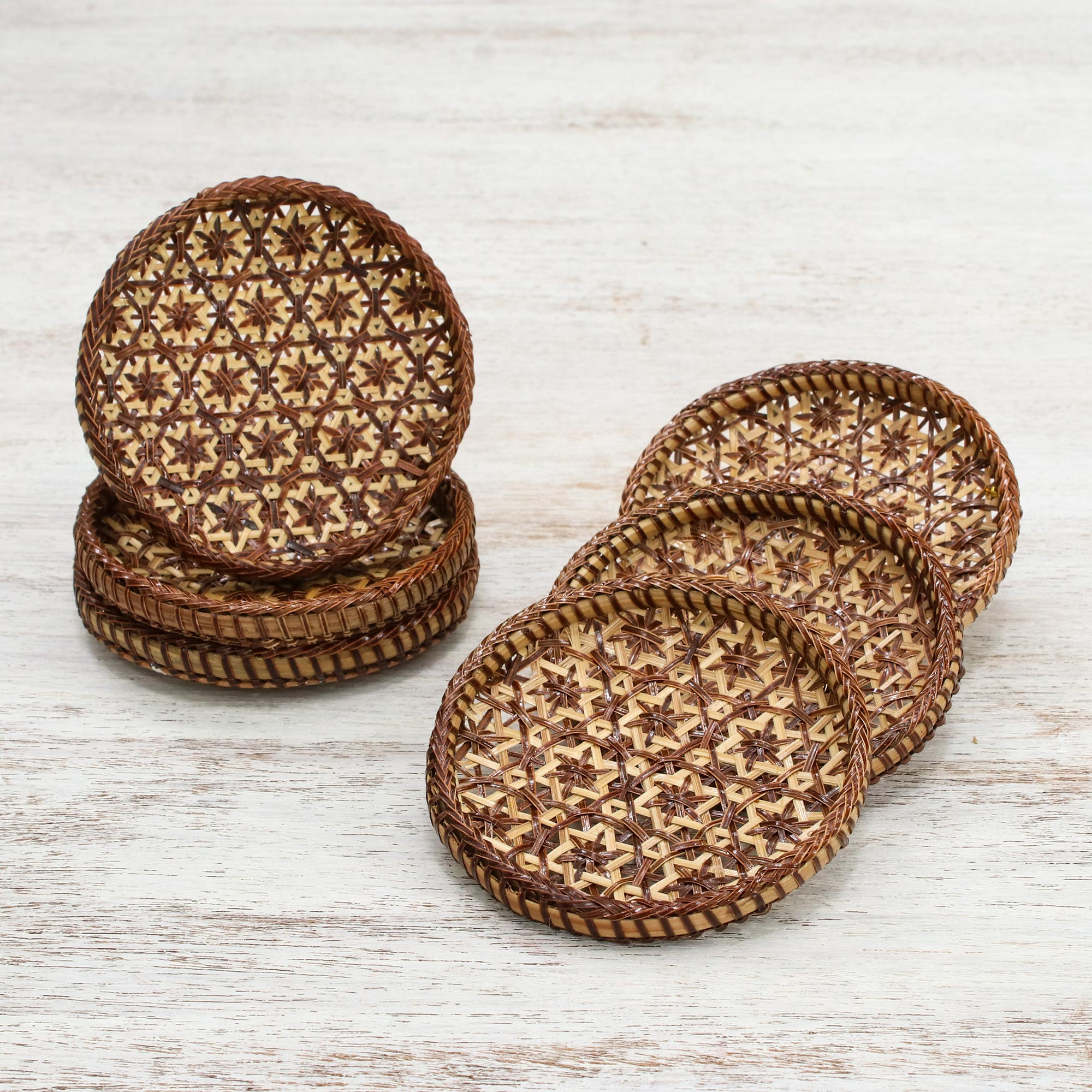 Handcrafted Woven Flower Motif Bamboo Coasters Set of 6 Pikul