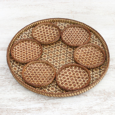 Bamboo and rattan tray and coaster set, 'Thai Blossom Hospitality' (Set of 7) - Handcrafted Woven Flower Rattan Coasters and Tray (Set of 7)