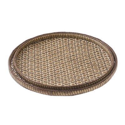 Bamboo and rattan trays, 'Presenting Pikul' (10 and 11 inch, pair) - Set of 2 Handcrafted Woven Flower Motif Thai Rattan Trays