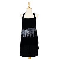 Cotton apron, 'Elephant Echo in Black' - Handcrafted Black Cotton Apron with Grey Elephant Motif