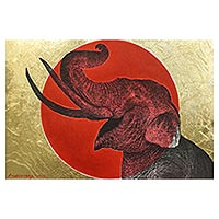 'Happiness Smile I' - Signed Painting of an Elephant Against the Sun