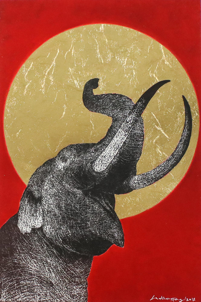 'Be Glad II' - Signed Painting of an Elephant with a Golden Sun