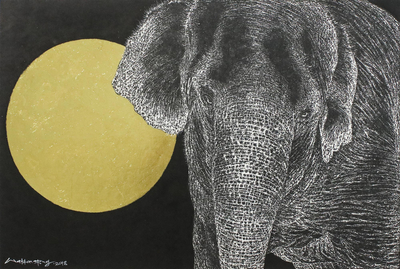 'Meet Under the Moonlight' - Pintura firmada de un elefante de Tailandia