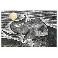 „Watching the Moon“ – Signiertes Gemälde eines Elefanten in Schwarz und Weiß