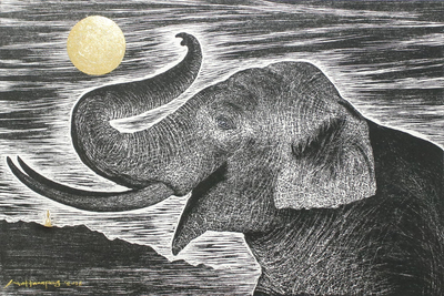 'Watching the Moon' - Signed Painting of an Elephant in Black and White